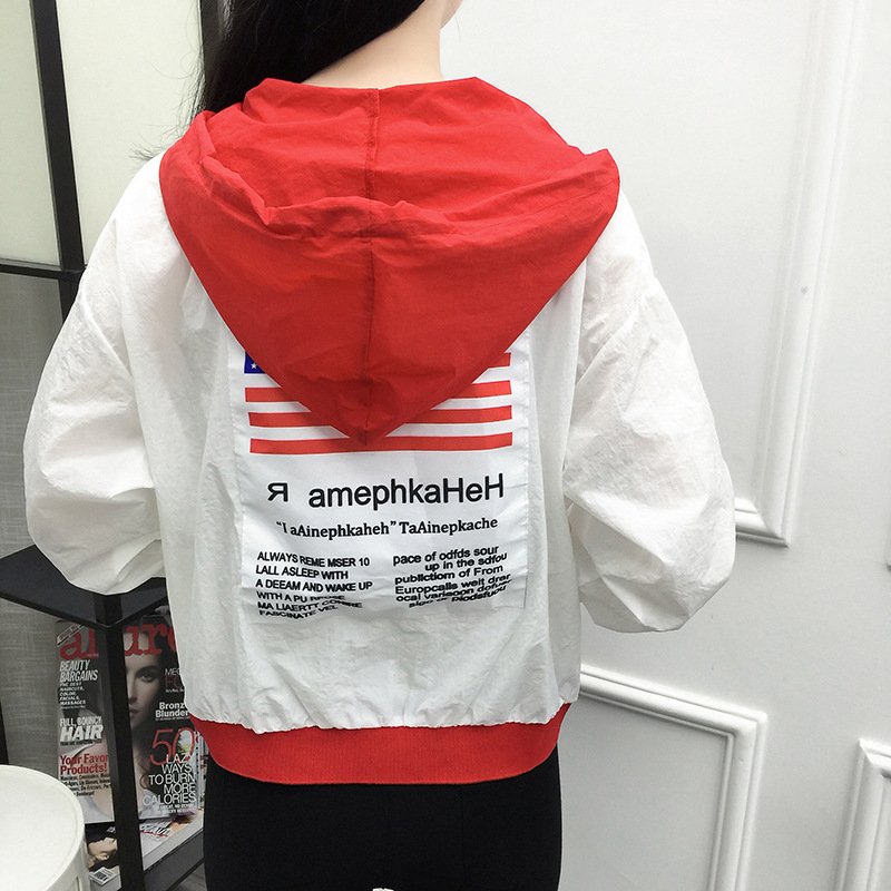 薇侣2017新品实拍韩版帖布字母长袖外套防晒服女