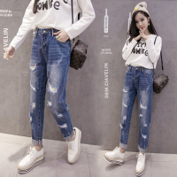 薇侣2017新品实拍新款破洞牛仔裤女韩版宽松哈伦裤学生九分裤百搭裤子潮