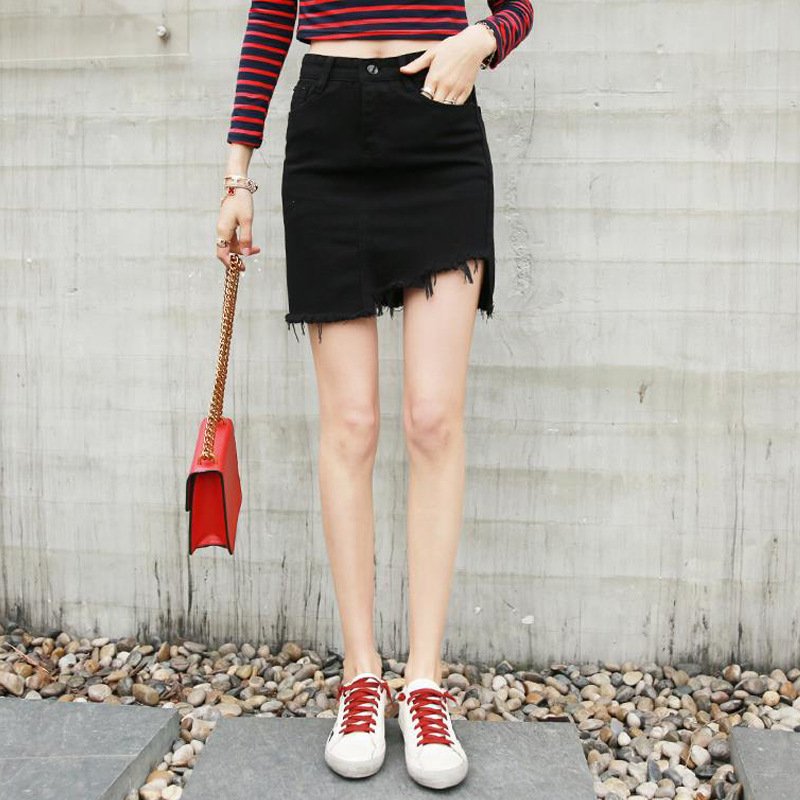 薇侣2017新品春夏新款不规则毛边高腰黑色牛仔短裙女a字裙韩版半身包臀裙