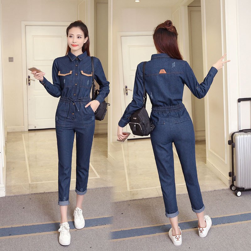 薇侣2017新品秋冬新款衬衫牛仔连体裤女装纯色高腰连衣长裤子
