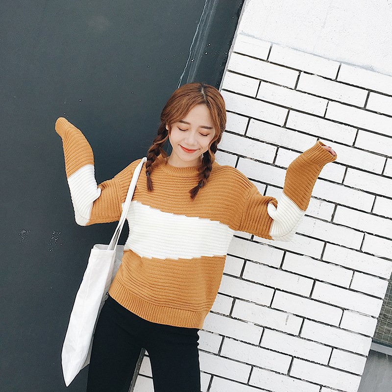 薇侣2017新品秋冬新款女毛衣拼色粗条纹韩版女装针织衫