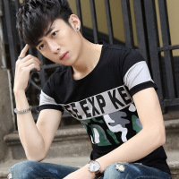 薇侣2017新品短袖t恤男装夏装新款韩版圆领印花拼接体恤衫潮