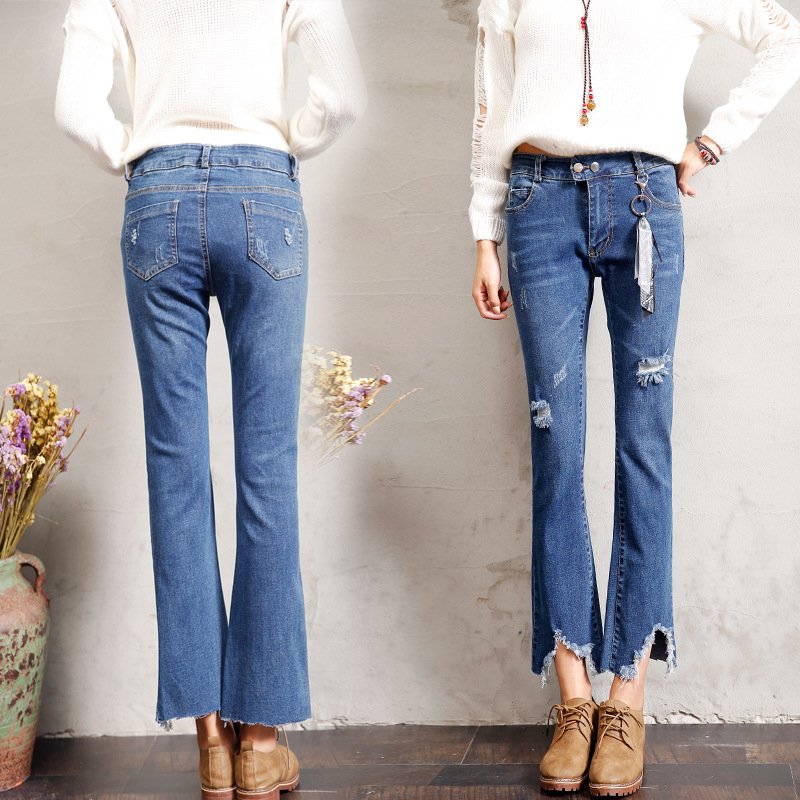 薇侣2017新品秋季新款微喇叭裤女显瘦弹力破洞牛仔七分裤