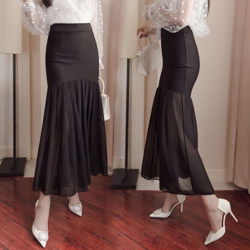 薇侣2017新品鱼尾裙黑色高腰修身拼接不规则百搭雪纺包臀半身裙长裙