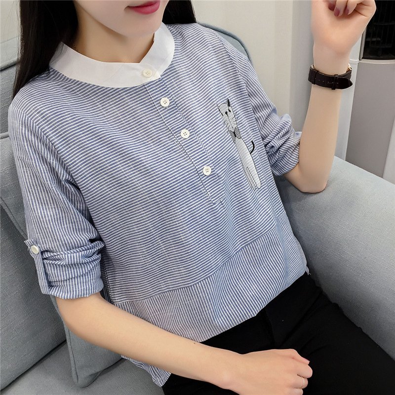 薇侣2017新品秋装猫咪刺绣立领条纹短袖衬衫女休闲宽松衬衣学生棉麻