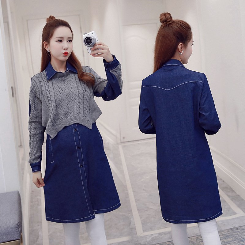 薇侣2017新品秋冬大码假两件孕妇牛仔连衣裙长袖休闲韩版针织衬衫裙