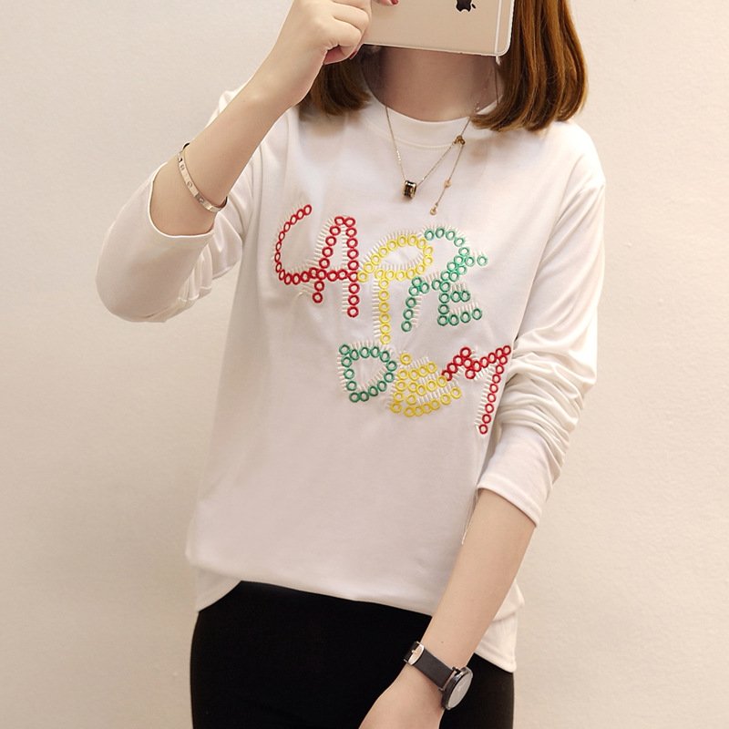 薇侣2017新品秋装新款韩版时尚绣花字母宽松打底衫简约百搭长袖T恤女