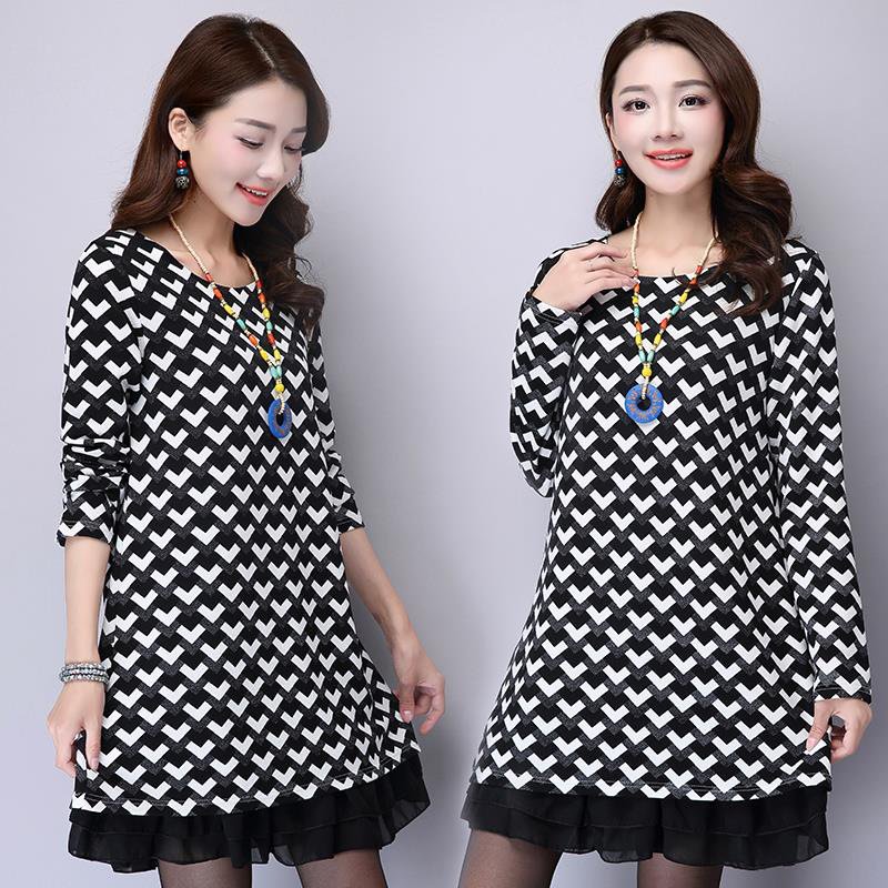 薇侣2017新品新款胖mm显瘦长袖印花连衣裙雪纺下摆打底连衣裙