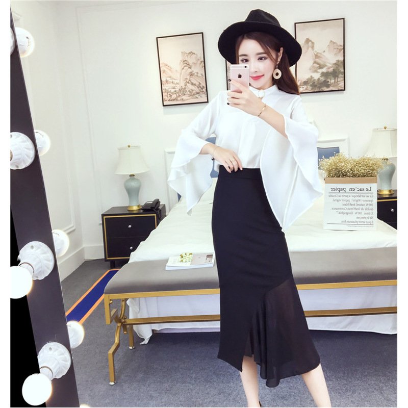 薇侣2017新品初秋新款雪纺大喇叭袖上衣+拼接雪纺不规则半身裙