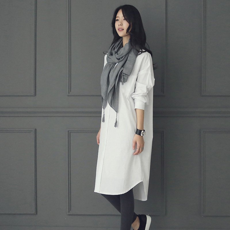 薇侣2017新品白色衬衫女长袖韩范中长款外套大码百搭气质潮宽松