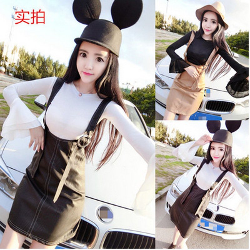 薇侣2017新品叭袖针织衫+金属装饰背带皮裙套装