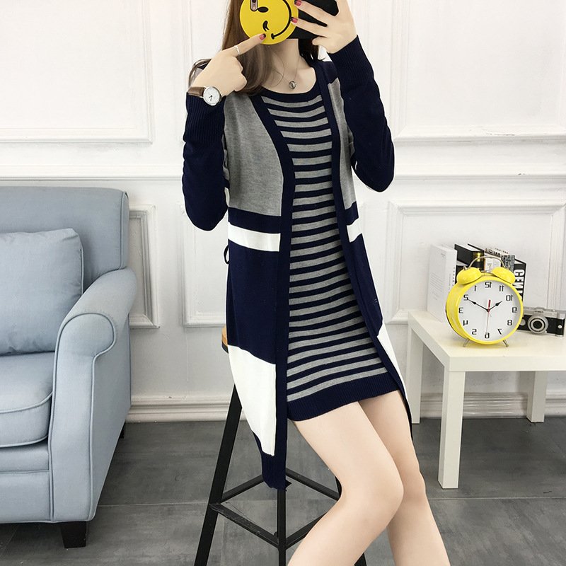 薇侣2017新品秋冬新款韩版百搭假两件针织连衣裙开衫显瘦外套女