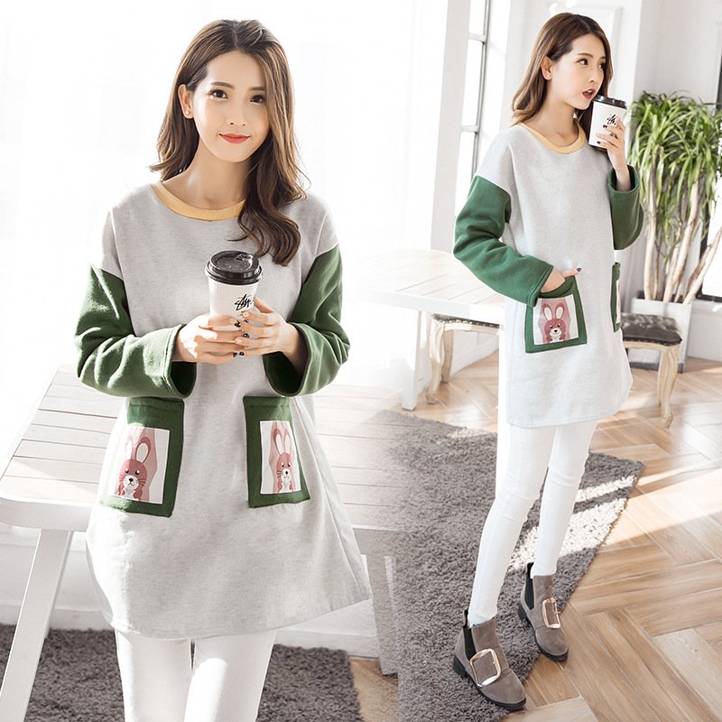 薇侣2017秋冬新款口袋兔子印花宽长袖松孕妇连衣裙