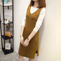 薇侣2017秋冬新款修身V领中长款毛衣背心无袖套头针织连衣裙女潮