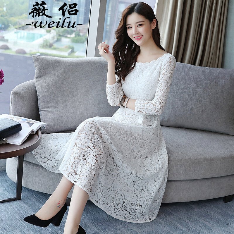 薇侣2017裙子女秋季显瘦韩版镂空蕾丝连衣裙长袖气质名媛过膝长裙白搭
