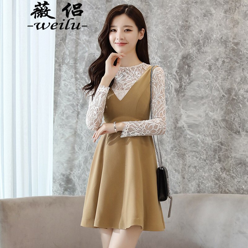 薇侣2017新款秋装收腰a字背带裙三件套女套装裙长袖蕾丝连衣裙白搭