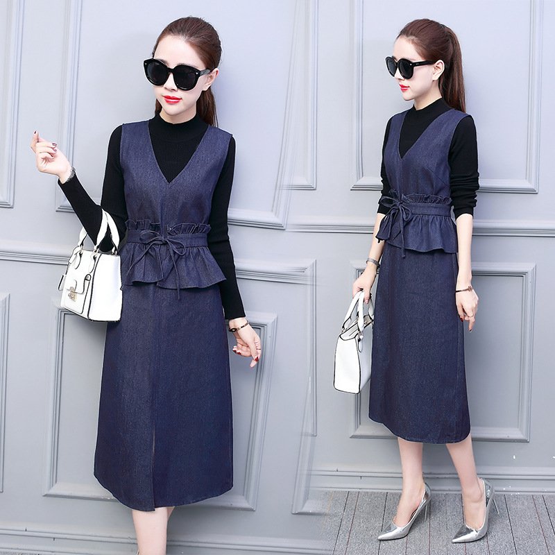 薇侣2017连衣裙秋新款小香风高腰牛仔无袖背心裙时髦套装裙两件套秋冬