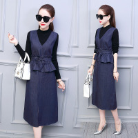 薇侣2017连衣裙秋新款小香风高腰牛仔无袖背心裙时髦套装裙两件套秋冬