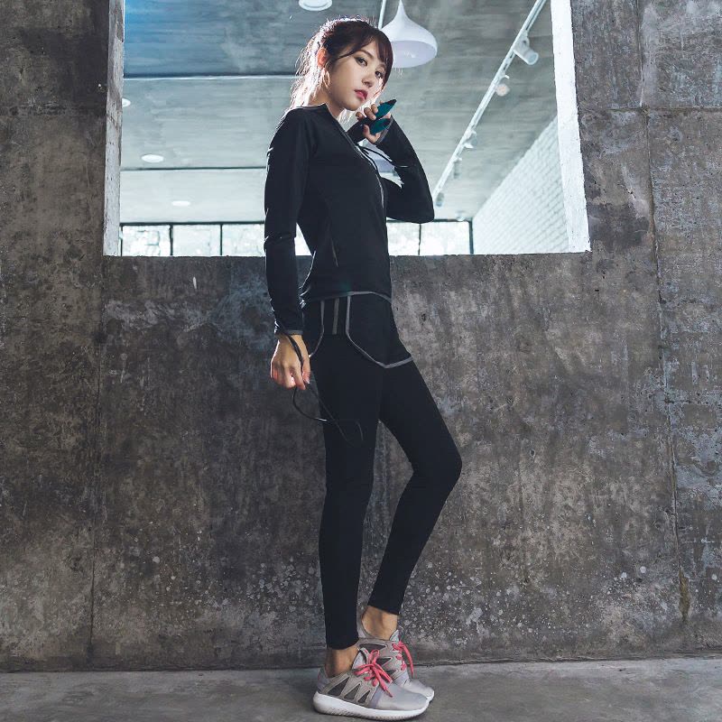 韩版瑜伽健身服五件套跑步运动外套短袖文胸假两件长裤短裤套装女图片