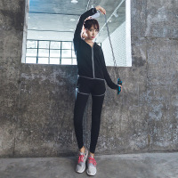 韩版瑜伽健身服五件套跑步运动外套短袖文胸假两件长裤短裤套装女
