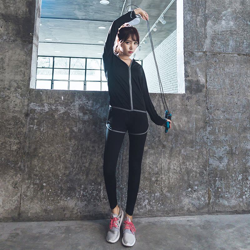 韩版瑜伽健身服五件套跑步运动外套短袖文胸假两件长裤短裤套装女图片