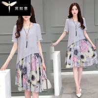 新款加肥加大码女装胖夏装雪纺连衣裙2018新款假两件200斤遮肚