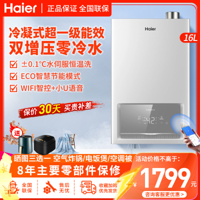 海尔(Haier)燃气热水器16升天然气超一级能效水气双调恒温家用WIFI智控高效冷凝换热双增压零冷水 ECO