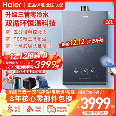 海尔(Haier)燃气热水器家用天然气16升双循环恒温科技三管零冷水即开即热5段微火控温抗风稳燃耐用KN7SFRAGU1