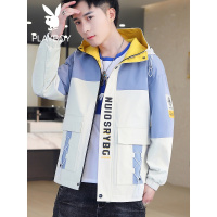 花花公子春秋季男士韩版连帽外套男装拼接上衣服痞帅潮牌学生夹克