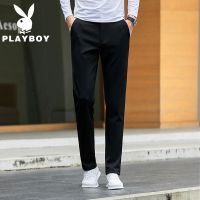 花花公子秋季棉休闲日常徽章青年竖纹直筒型黑色西裤