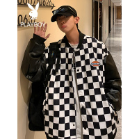 花花公子黑白棋盘格棒球服男2021秋季新款开衫皮衣潮流高街外套