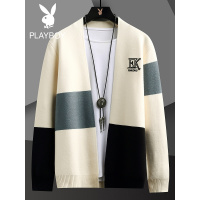 花花公子开衫毛衣男春秋款韩版帅气潮流外穿时尚色块针织衫外套潮