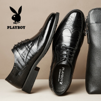 花花公子皮鞋男新款潮流布洛克花商务正装休闲羊皮黑色系带男鞋
