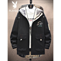 花花公子春秋连帽潮男工装夹克字母印花纯色百搭青少年潮长袖外套