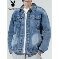 花花公子春秋新款男士外套牛仔夹克男休闲辑明线字母绣花上衣青年