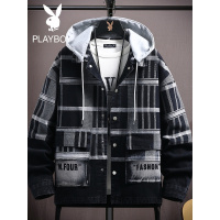 花花公子春秋季男士字母印花潮夹克宽松连帽外套格子上衣韩版休闲