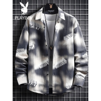 花花公子春秋新款扎染衬衫男潮流衬衣港风字母印花青少年学生外套