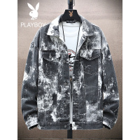 花花公子春秋新款男士夹克外套字母印花扎染百搭潮牌男装青少年男