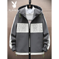 花花公子春秋季2022年新款连帽夹克男韩版潮流休闲印花上衣服外套