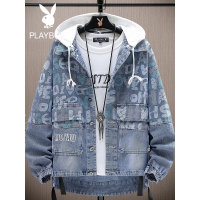 花花公子2022春秋季牛仔外套男时尚潮牌工装连帽夹克帅气印花褂子