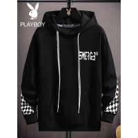 花花公子春秋男装卫衣字母印花格子拼接简约时尚连帽青少年潮牌男