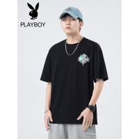 花花公子港风ins短袖T恤男韩版五分袖上衣潮百搭男士宽松半袖体恤