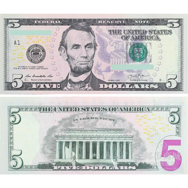 邮币商城 外国钱币 美国纸币 5美元 第十六任总统亚伯拉罕·林肯 单张 纸币 钱币收藏品图片