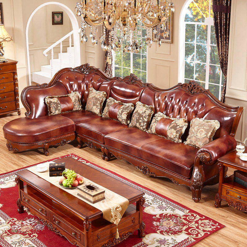 兰博湾(RAMBOY)客厅家具 沙发 美式全实木转角沙发 欧式实木真皮沙发组合 3+1+贵妃位