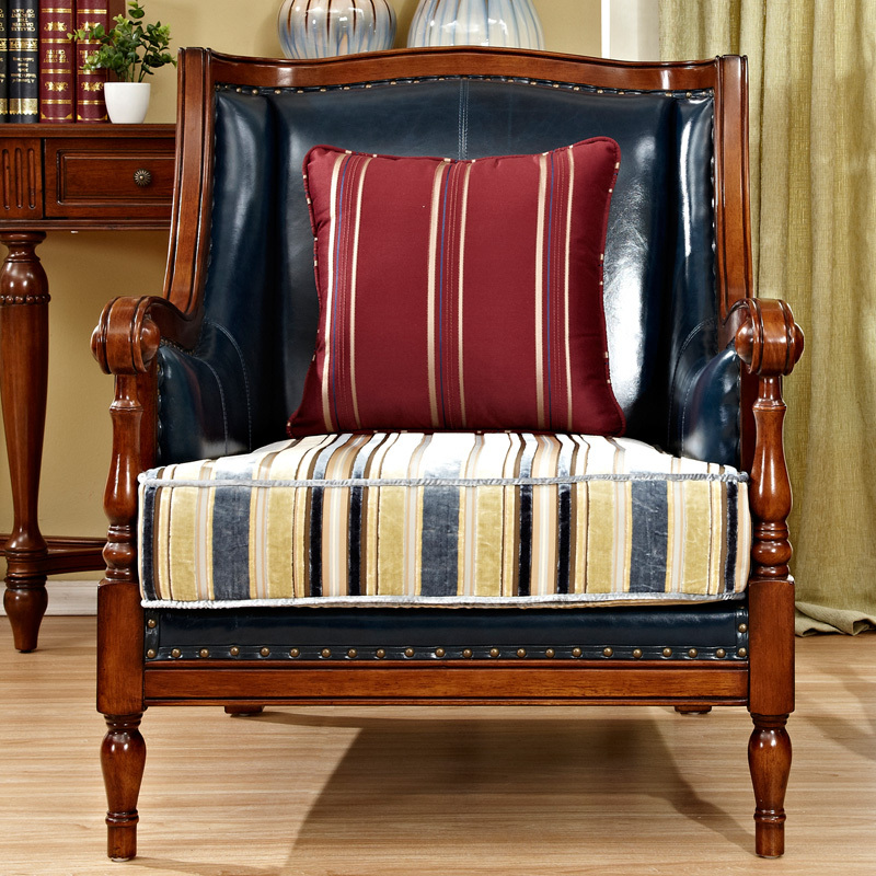 兰博湾(RAMBOY)客厅家具 美式乡村 沙发 欧式真皮沙发 美式实木沙发组合 蓝色皮沙发套装