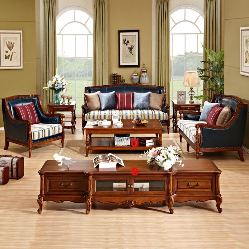 兰博湾(RAMBOY)客厅家具 美式乡村 沙发 欧式真皮沙发 美式实木沙发组合 蓝色皮沙发套装图片