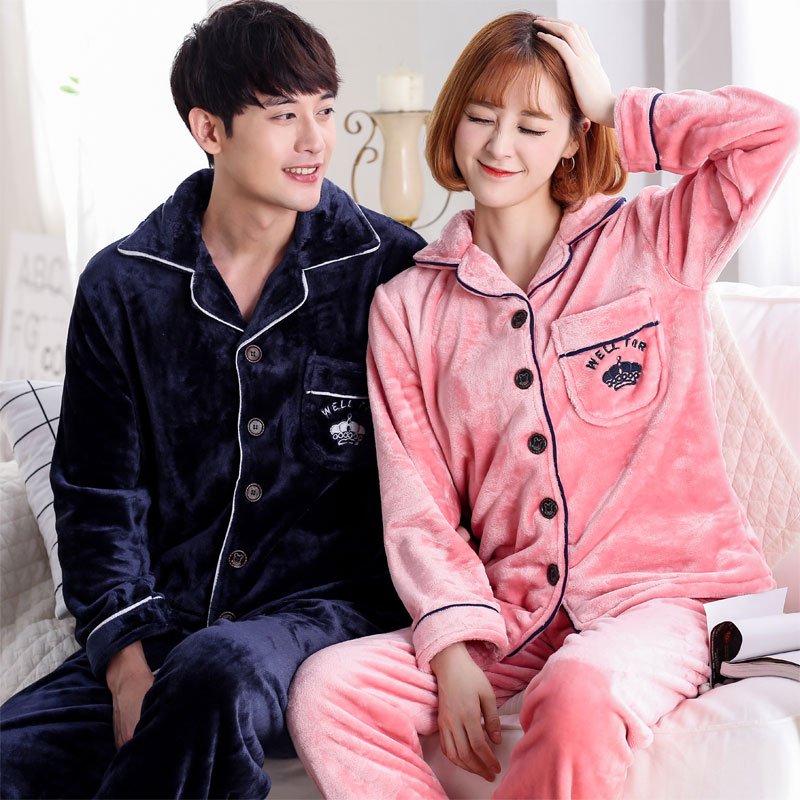 娉语情侣加厚珊瑚绒长袖睡衣秋冬款 男女士法兰绒开衫保暖家居服套装