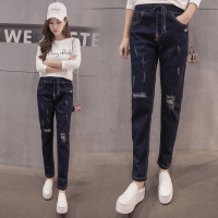 娉语韩版秋冬新款大码松紧腰学院风宽松磨破洞牛仔小脚长裤高腰女生潮