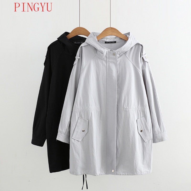 娉语大码女装胖mm200斤风衣女中长款藏肉加肥加大胖妹妹秋装连帽外套