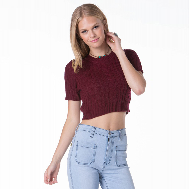 haoduoyi秋季女装新款欧美时尚编织麻花针织衫性感露脐短袖毛衣